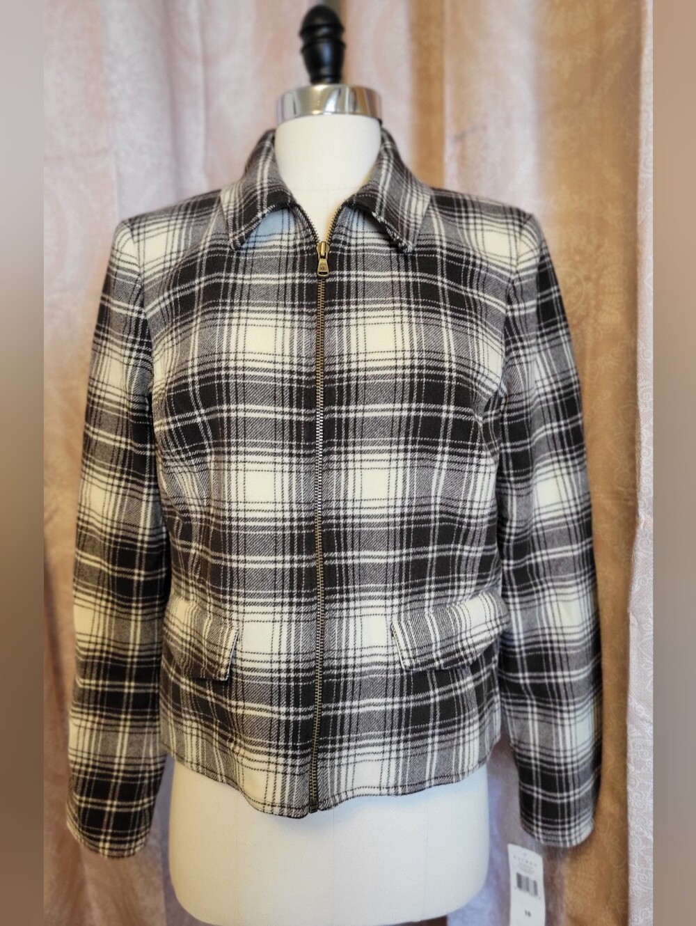 Lauren Ralph Lauren Plaid Wool Zip Vintage Baseball Jacket in Brown/White 10 NWT
